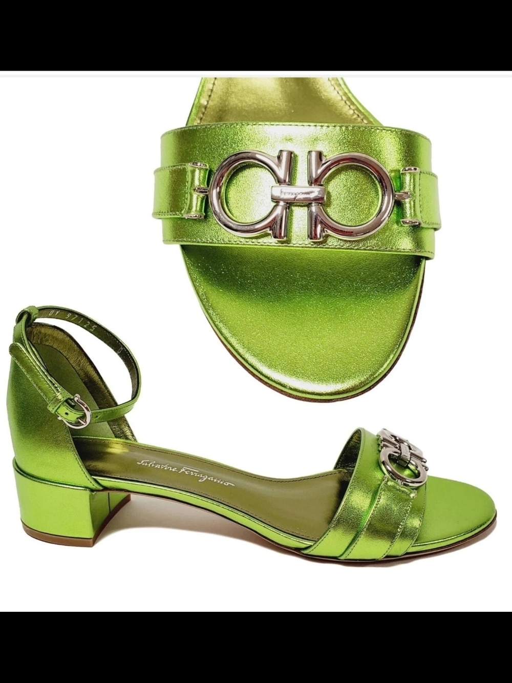 SALVATORE FERRAGAMO SHOES COMO GANCINI METALLIC GREEN LEATHER SANDALS $650 sz 7